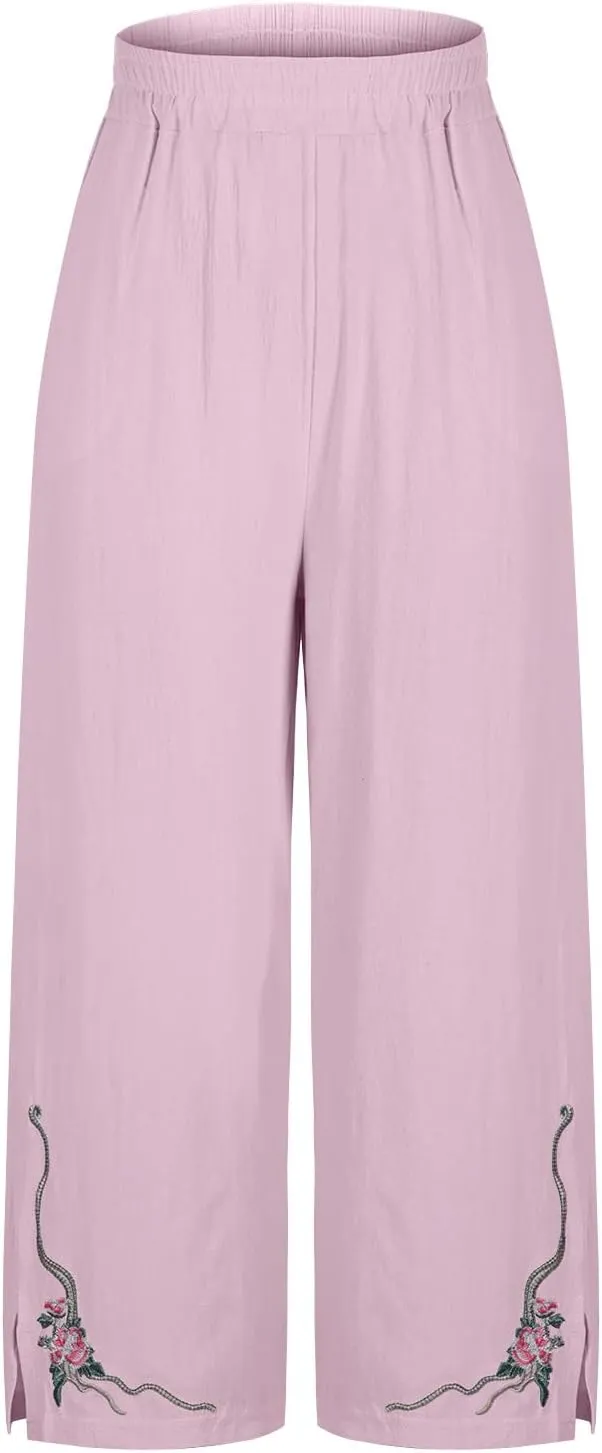 Wide Leg Linen Pants for Women Vintage Floral Embroidered Cropped Trousers High Elastic Waist Summer Beach Pants