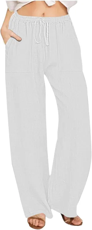 Wide Leg Linen Pants Women Summer Cotton Linen Baggy Pants Casual Cropped Long Trousers Loose High Waisted Slacks