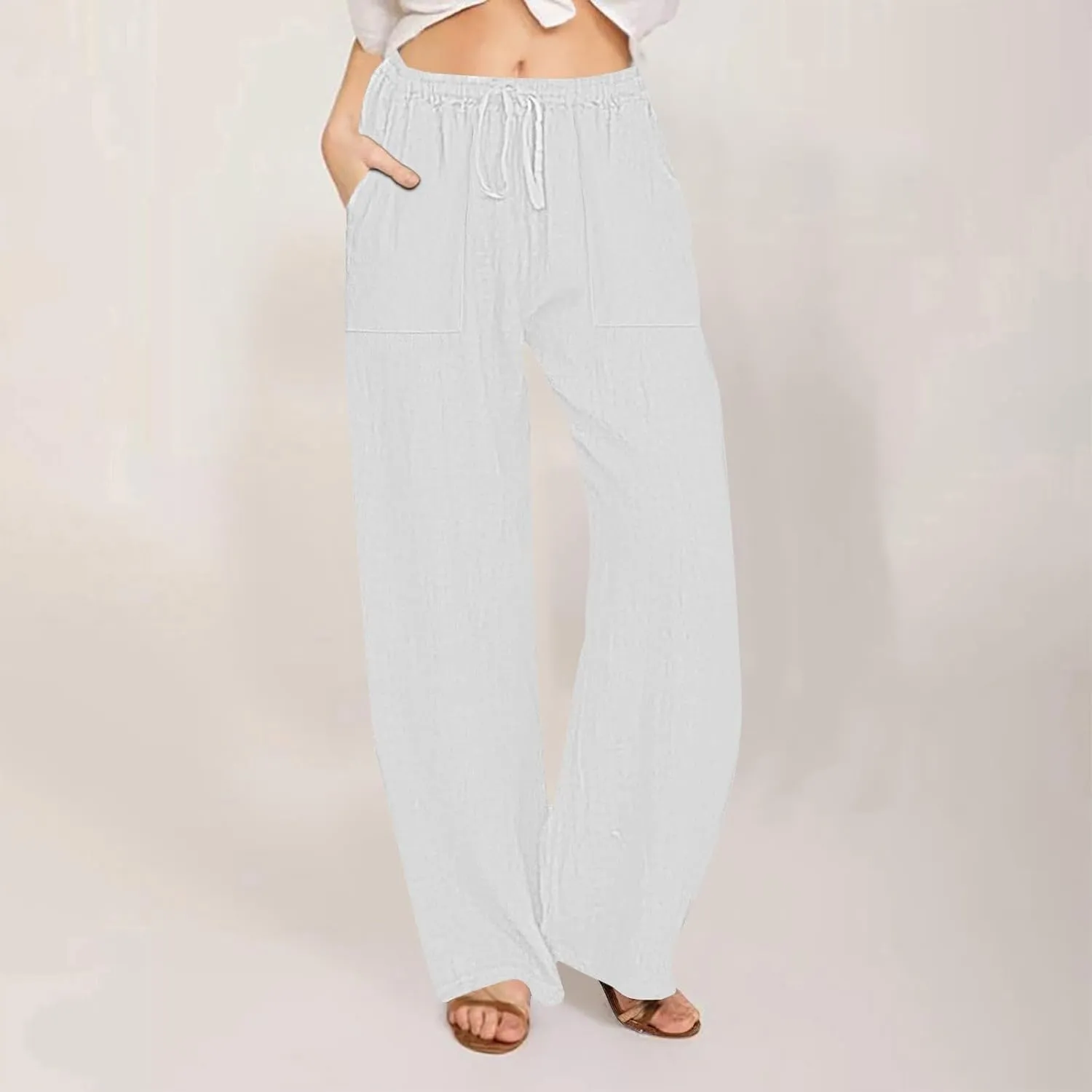 Wide Leg Linen Pants Women Summer Cotton Linen Baggy Pants Casual Cropped Long Trousers Loose High Waisted Slacks