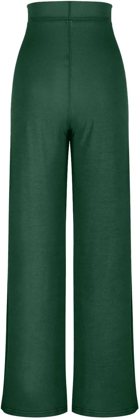 Wide Leg Pants for Women Elastic High Waist Tummy Control Lounge Slacks Solid Color Palazzo Trousers