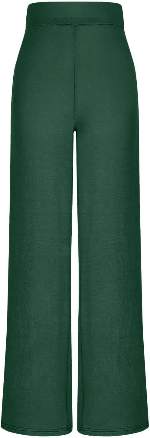 Wide Leg Pants for Women Elastic High Waist Tummy Control Lounge Slacks Solid Color Palazzo Trousers
