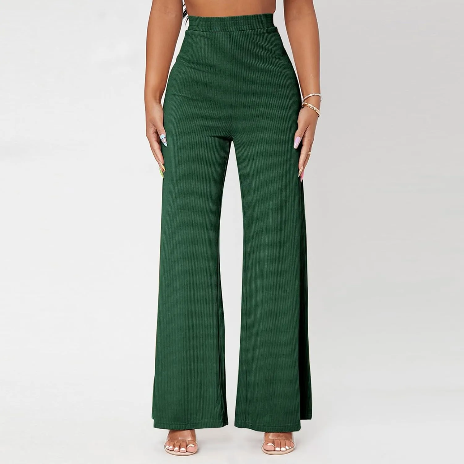 Wide Leg Pants for Women Elastic High Waist Tummy Control Lounge Slacks Solid Color Palazzo Trousers