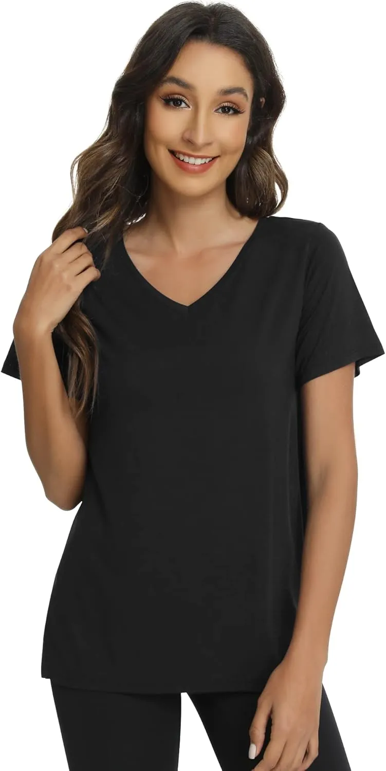 WiWi Viscose from Bamboo Pajama Tops for Women Soft Short Sleeve Tee Sleep Shirts V Neck T-Shirt Pjs Top Sleepwear S-XXL
