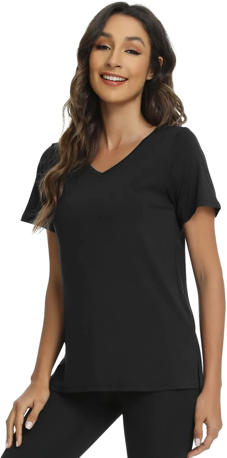 WiWi Viscose from Bamboo Pajama Tops for Women Soft Short Sleeve Tee Sleep Shirts V Neck T-Shirt Pjs Top Sleepwear S-XXL