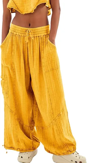 Women Beach Pants Linen Wide Leg Harem High Waist Button Drawstring Looseo Palazz Pants with Pocket
