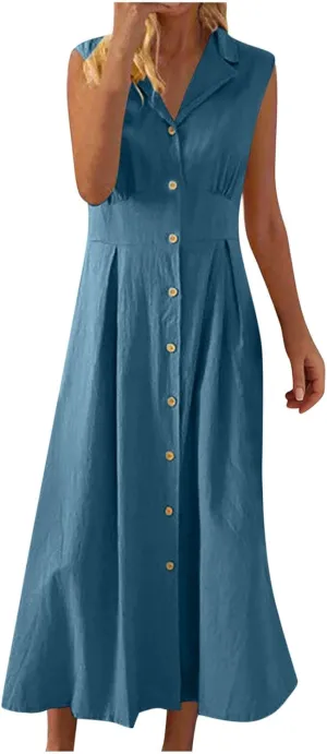 Women Casual Cotton Linen Shirt Dress Summer Sleeveless Button Down A Line Dress V Neck Work Collared Flowy Sundress