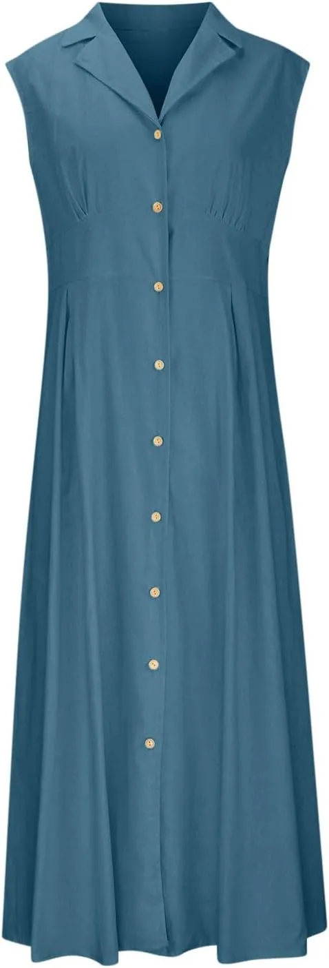 Women Casual Cotton Linen Shirt Dress Summer Sleeveless Button Down A Line Dress V Neck Work Collared Flowy Sundress