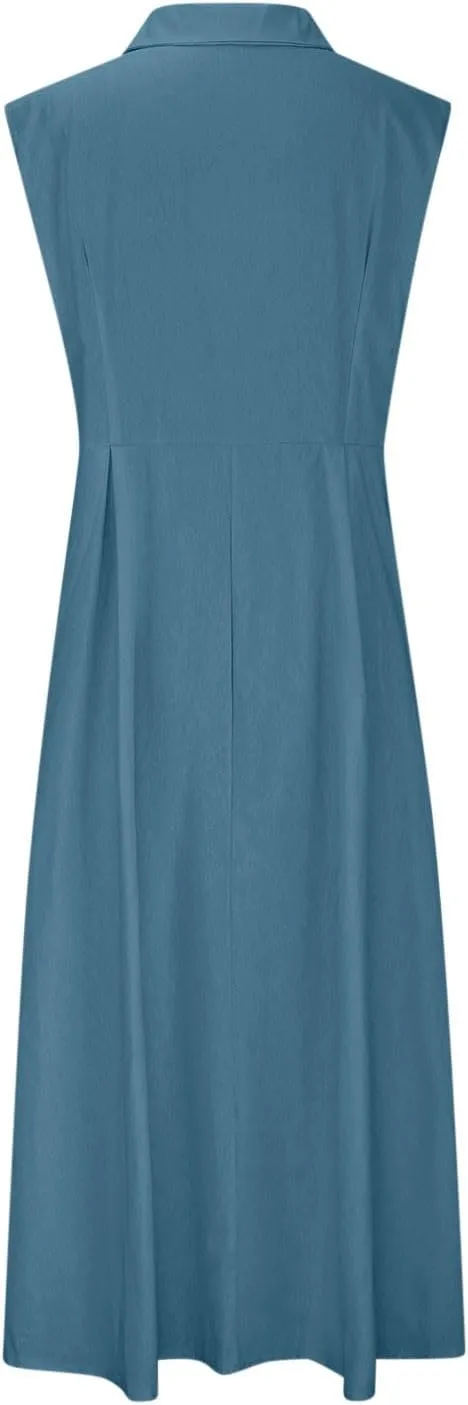 Women Casual Cotton Linen Shirt Dress Summer Sleeveless Button Down A Line Dress V Neck Work Collared Flowy Sundress