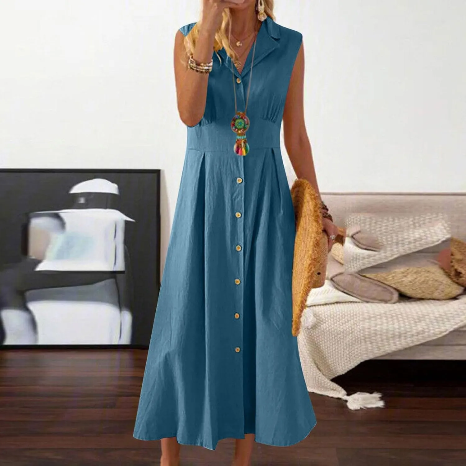 Women Casual Cotton Linen Shirt Dress Summer Sleeveless Button Down A Line Dress V Neck Work Collared Flowy Sundress