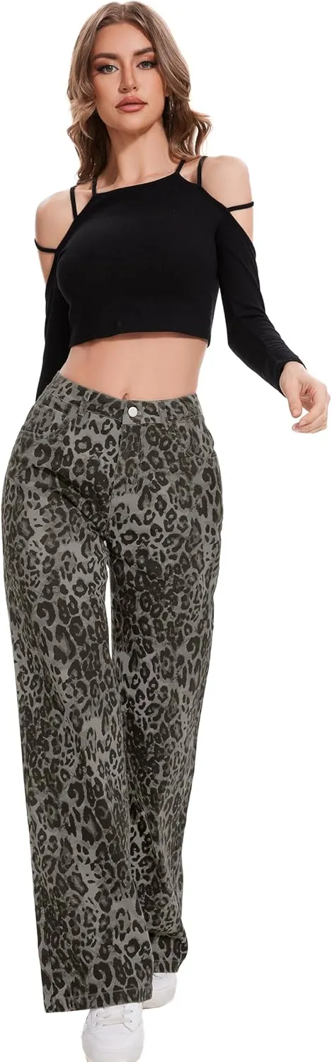 Women Casual High Waist Wide Leg Jeans Boyfriends Stretch Long Trousers Denim Pants