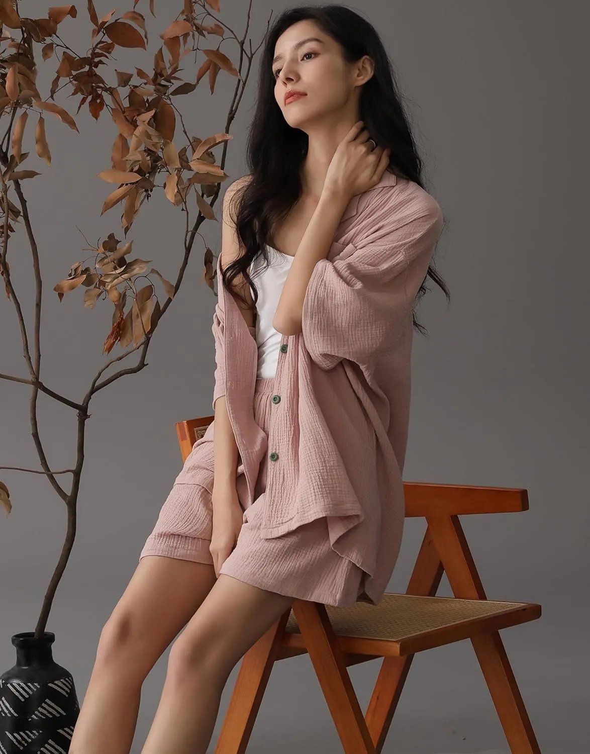 Women Cotton Linen Pajamas Set Summer Button Down Shirt with Short Outfit 2 Piece Lounge Set
