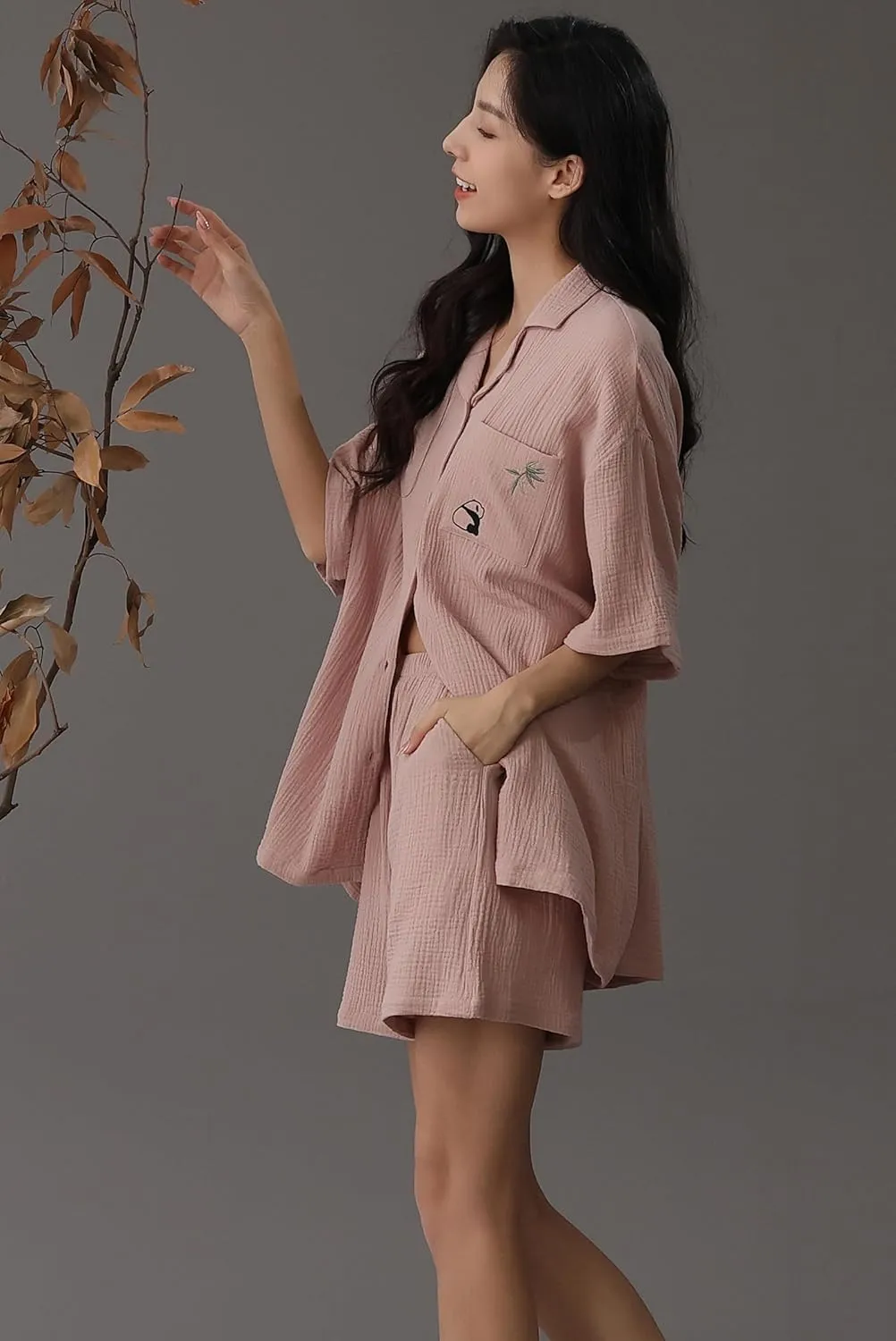 Women Cotton Linen Pajamas Set Summer Button Down Shirt with Short Outfit 2 Piece Lounge Set