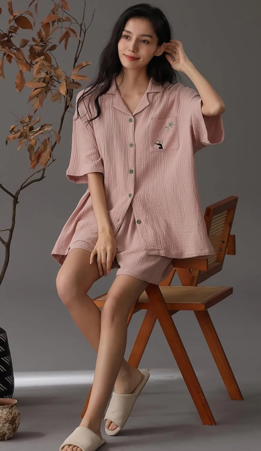 Women Cotton Linen Pajamas Set Summer Button Down Shirt with Short Outfit 2 Piece Lounge Set