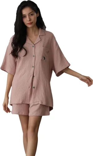 Women Cotton Linen Pajamas Set Summer Button Down Shirt with Short Outfit 2 Piece Lounge Set
