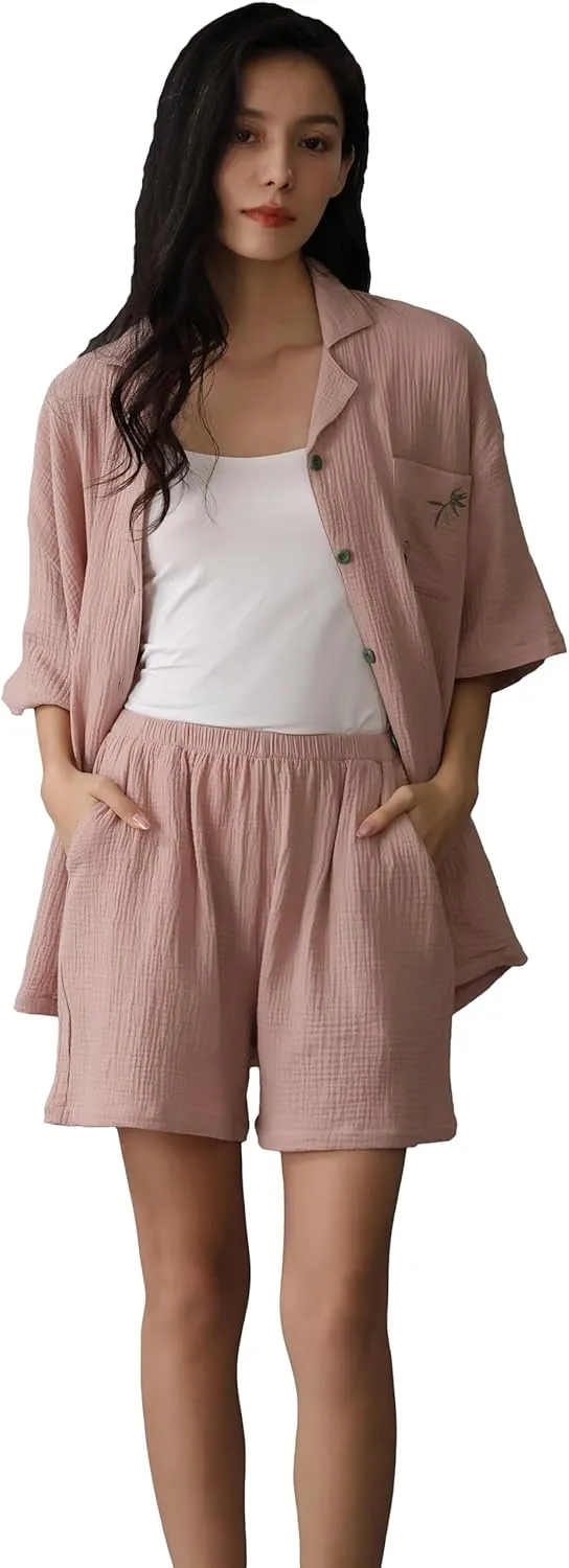 Women Cotton Linen Pajamas Set Summer Button Down Shirt with Short Outfit 2 Piece Lounge Set
