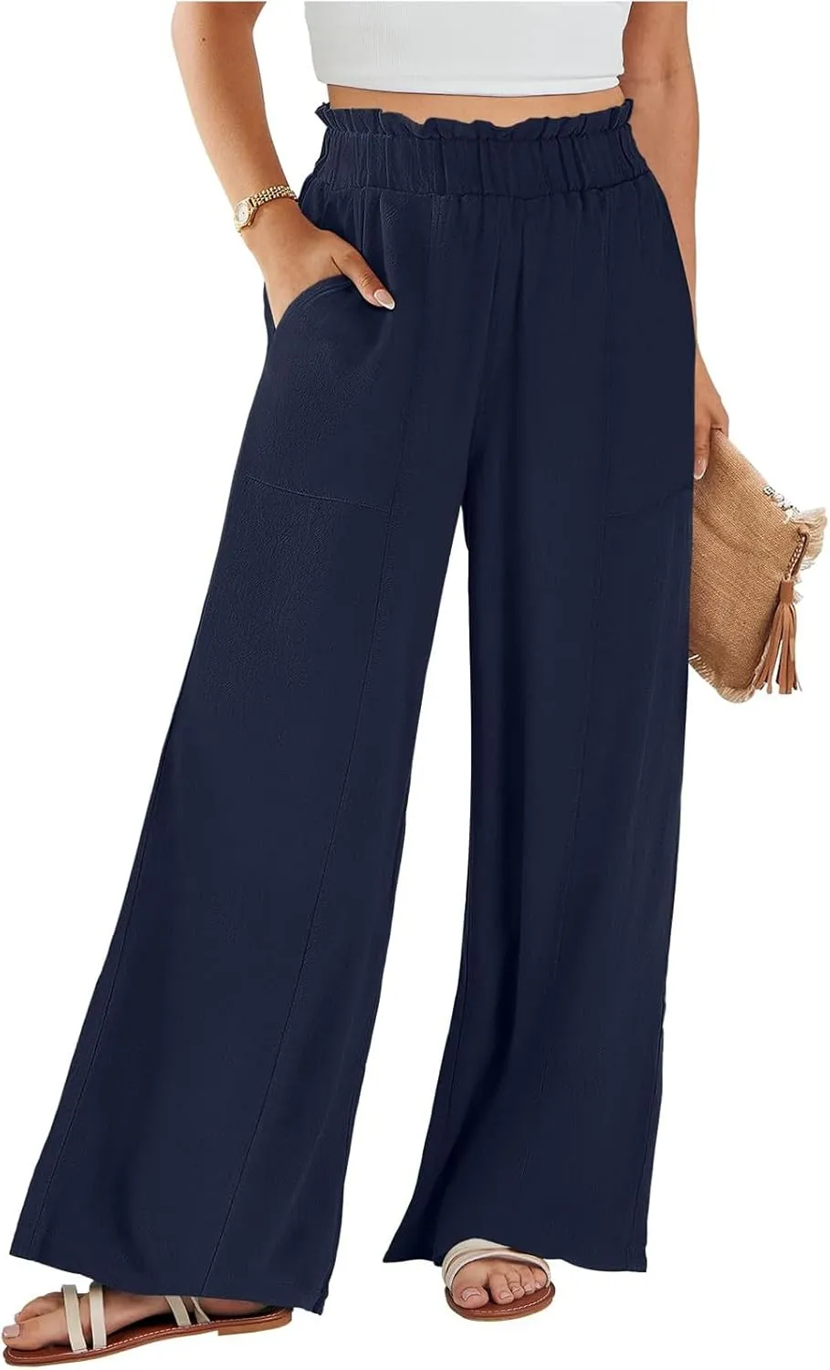 Women Cotton Linen Pants 2025 Summer Wide Leg Pants Ruffle Palazzo Pant Flowy Boho Beach Lounge Trousers with Pockets