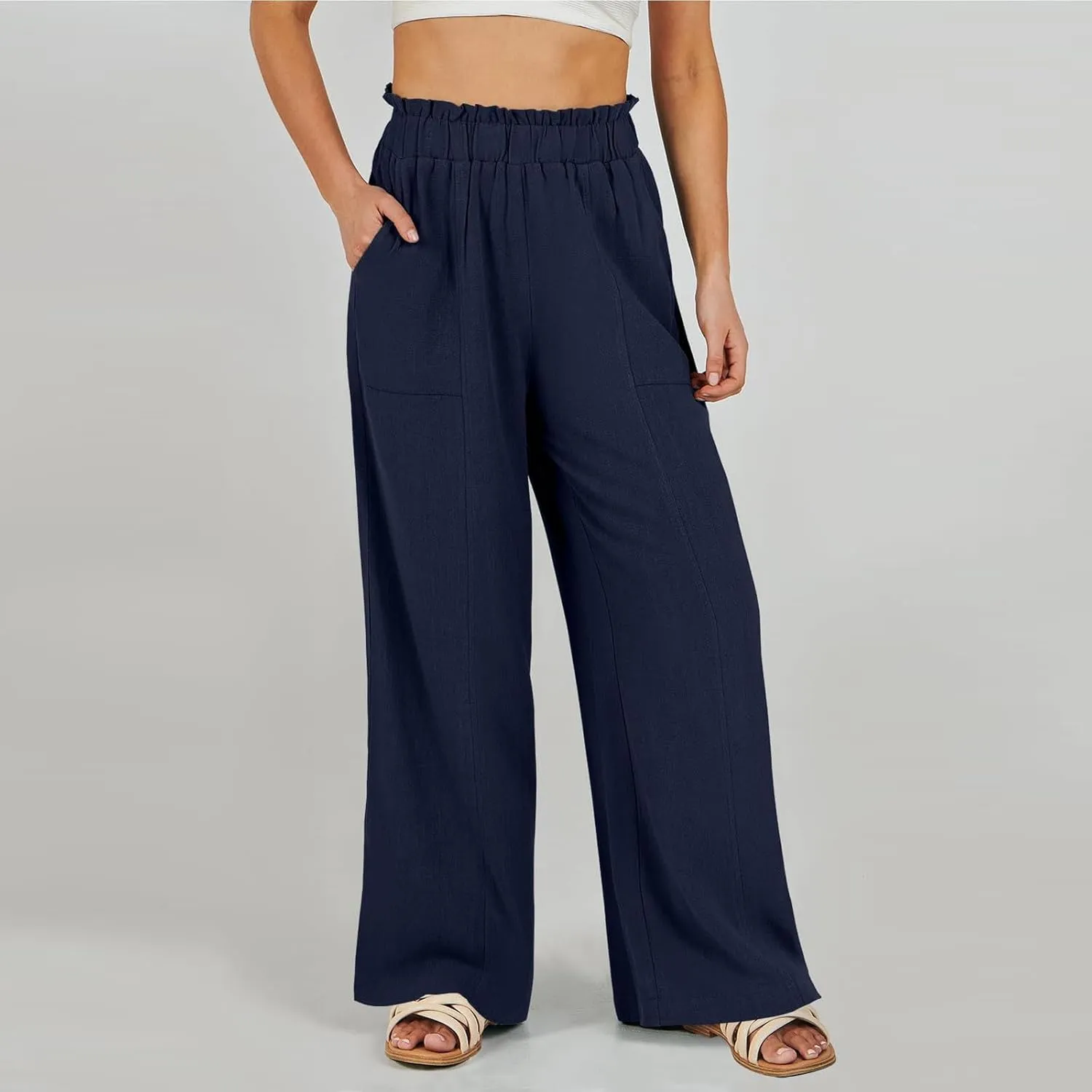Women Cotton Linen Pants 2025 Summer Wide Leg Pants Ruffle Palazzo Pant Flowy Boho Beach Lounge Trousers with Pockets