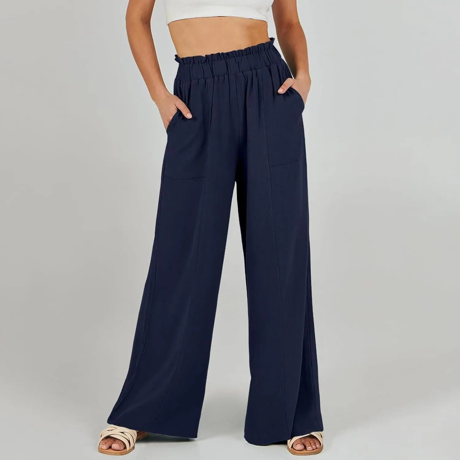 Women Cotton Linen Pants 2025 Summer Wide Leg Pants Ruffle Palazzo Pant Flowy Boho Beach Lounge Trousers with Pockets