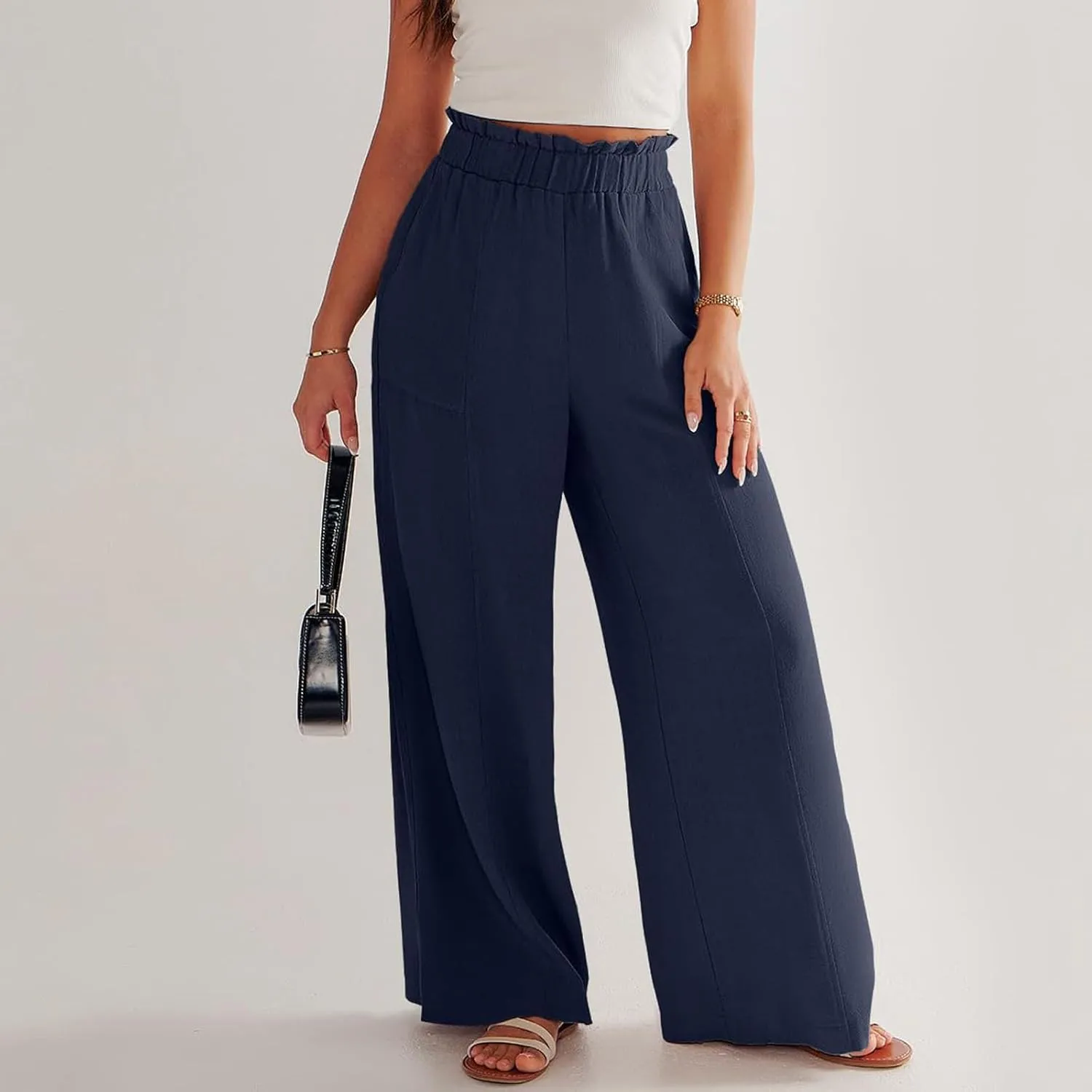 Women Cotton Linen Pants 2025 Summer Wide Leg Pants Ruffle Palazzo Pant Flowy Boho Beach Lounge Trousers with Pockets