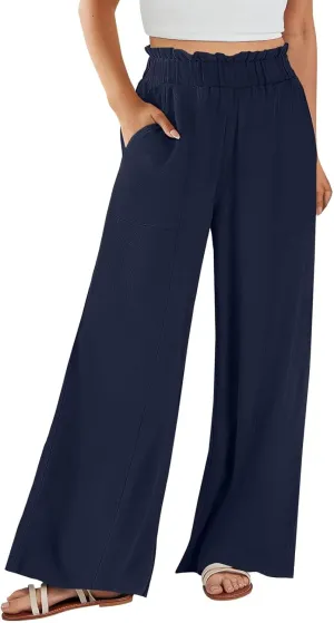 Women Cotton Linen Pants 2025 Summer Wide Leg Pants Ruffle Palazzo Pant Flowy Boho Beach Lounge Trousers with Pockets