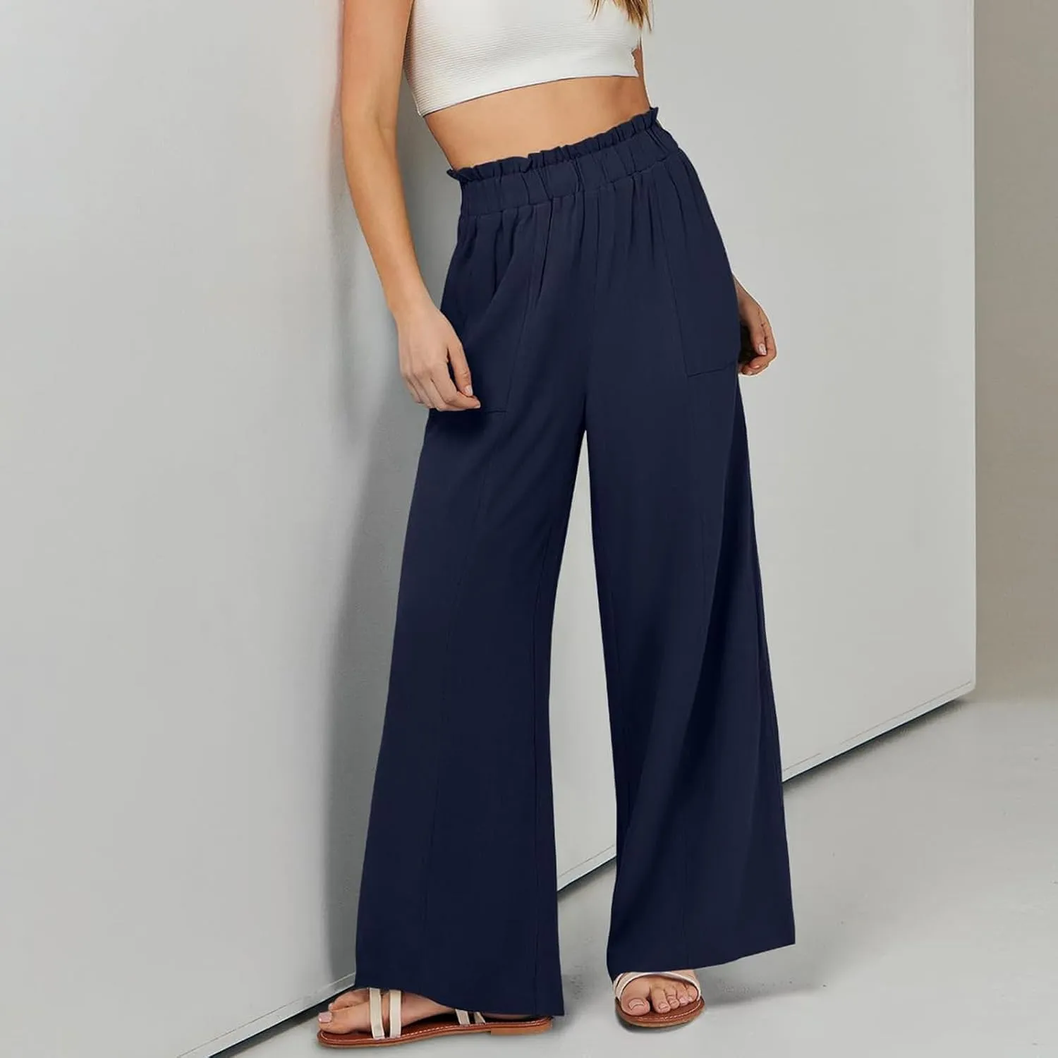 Women Cotton Linen Pants 2025 Summer Wide Leg Pants Ruffle Palazzo Pant Flowy Boho Beach Lounge Trousers with Pockets