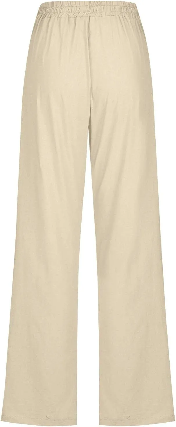 Women Cotton Linen Pants Summer Casual Drawstring Solid Lounge Long Trousers High Waist Straight Leg Comfy Work Pant