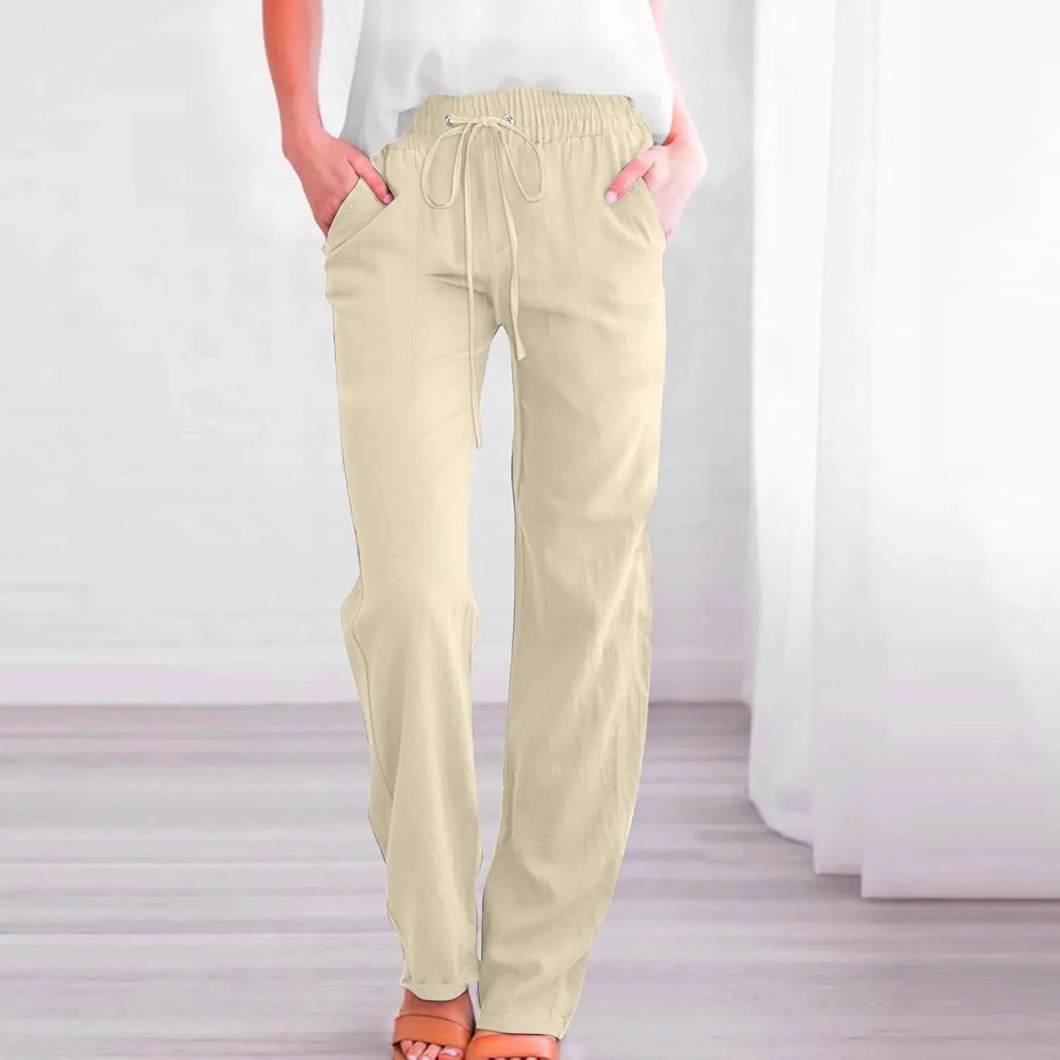 Women Cotton Linen Pants Summer Casual Drawstring Solid Lounge Long Trousers High Waist Straight Leg Comfy Work Pant