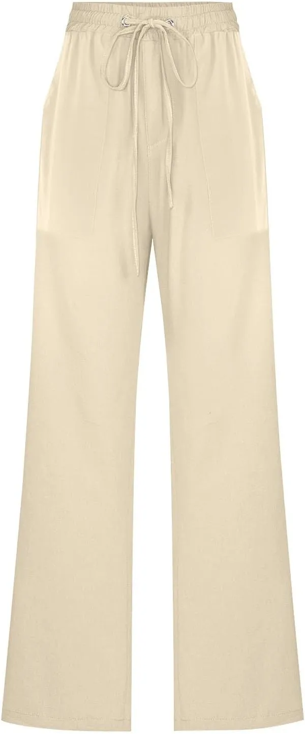 Women Cotton Linen Pants Summer Casual Drawstring Solid Lounge Long Trousers High Waist Straight Leg Comfy Work Pant
