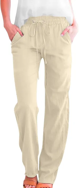 Women Cotton Linen Pants Summer Casual Drawstring Solid Lounge Long Trousers High Waist Straight Leg Comfy Work Pant