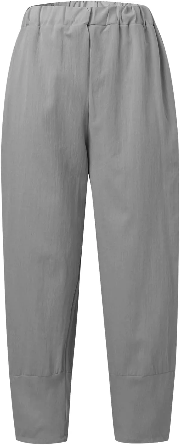 Women Cotton Linen Summer Flowy Pants Elastic Waisted Baggy Stretchy Plus Size Trousers Business Work