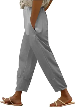 Women Cotton Linen Summer Flowy Pants Elastic Waisted Baggy Stretchy Plus Size Trousers Business Work