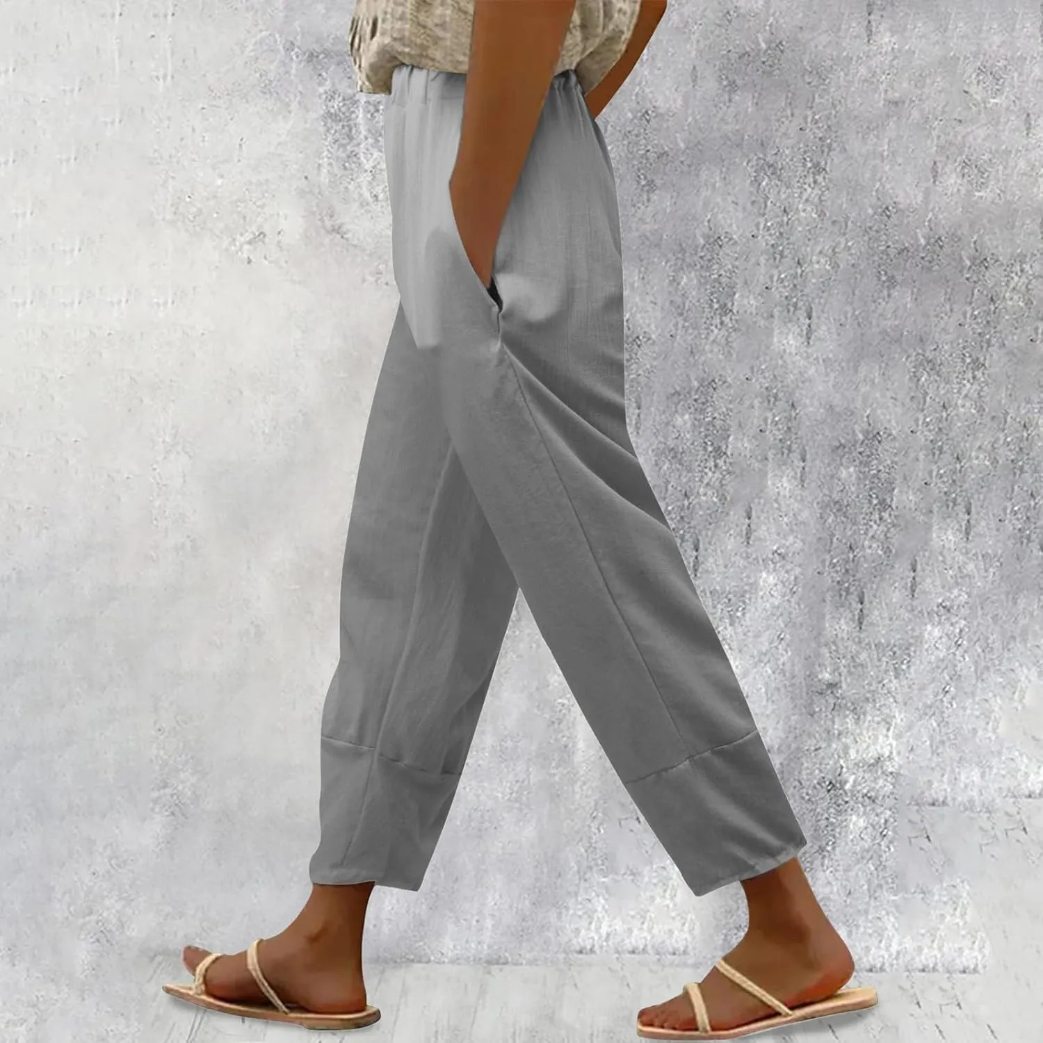 Women Cotton Linen Summer Flowy Pants Elastic Waisted Baggy Stretchy Plus Size Trousers Business Work