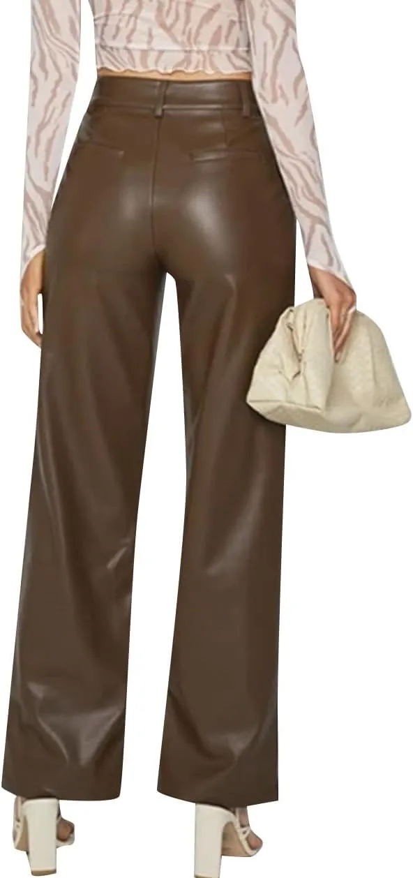 Women Faux Leather Flare Pants PU High Waisted Skinny Bell Bottoms Leggings Trendy Bootcut Pants with Slant Pocket