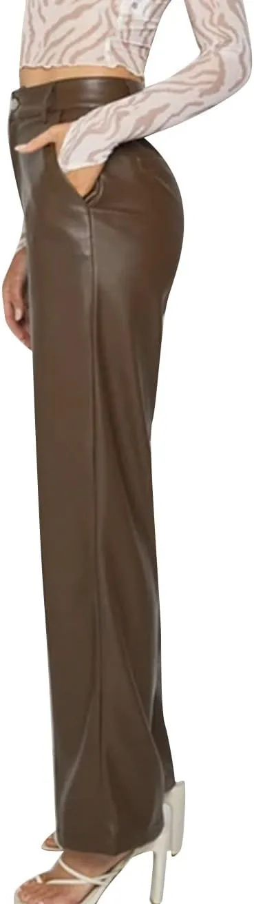 Women Faux Leather Flare Pants PU High Waisted Skinny Bell Bottoms Leggings Trendy Bootcut Pants with Slant Pocket
