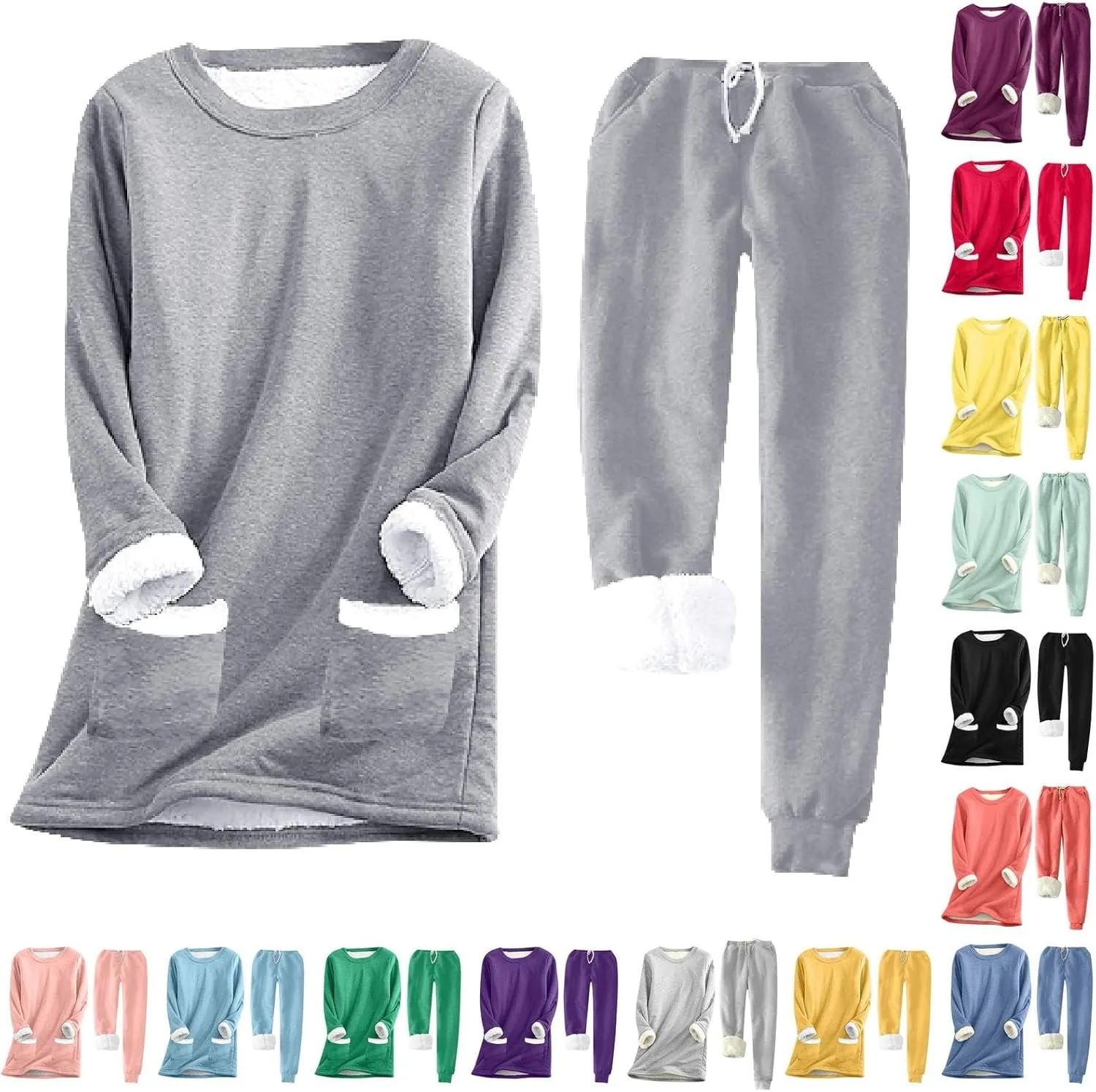 Women Fleece Thicken Loungewear Suit Solid Color Long Sleeve Pullover Drawstring Pants Winter Warm Velvet Pajamas Set