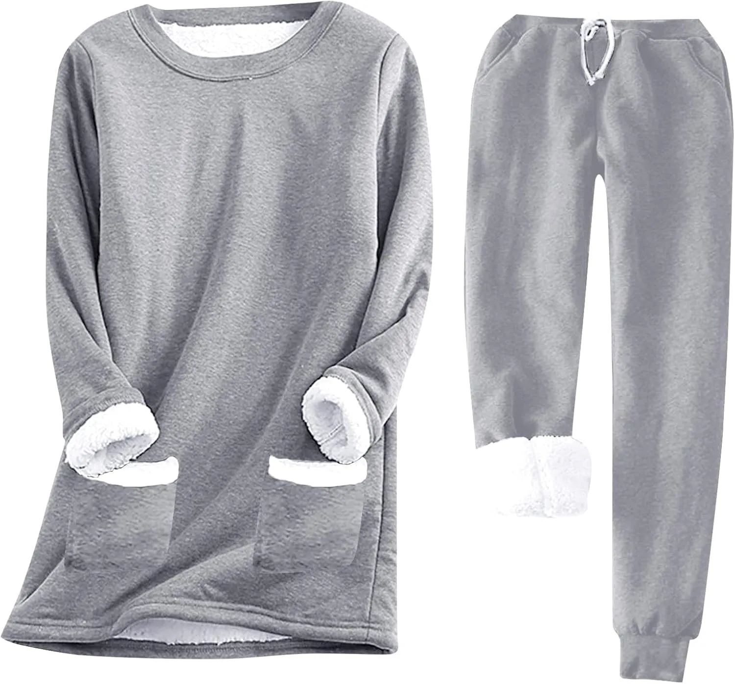 Women Fleece Thicken Loungewear Suit Solid Color Long Sleeve Pullover Drawstring Pants Winter Warm Velvet Pajamas Set