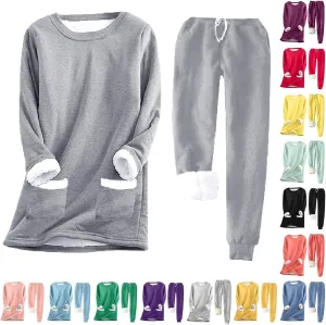Women Fleece Thicken Loungewear Suit Solid Color Long Sleeve Pullover Drawstring Pants Winter Warm Velvet Pajamas Set