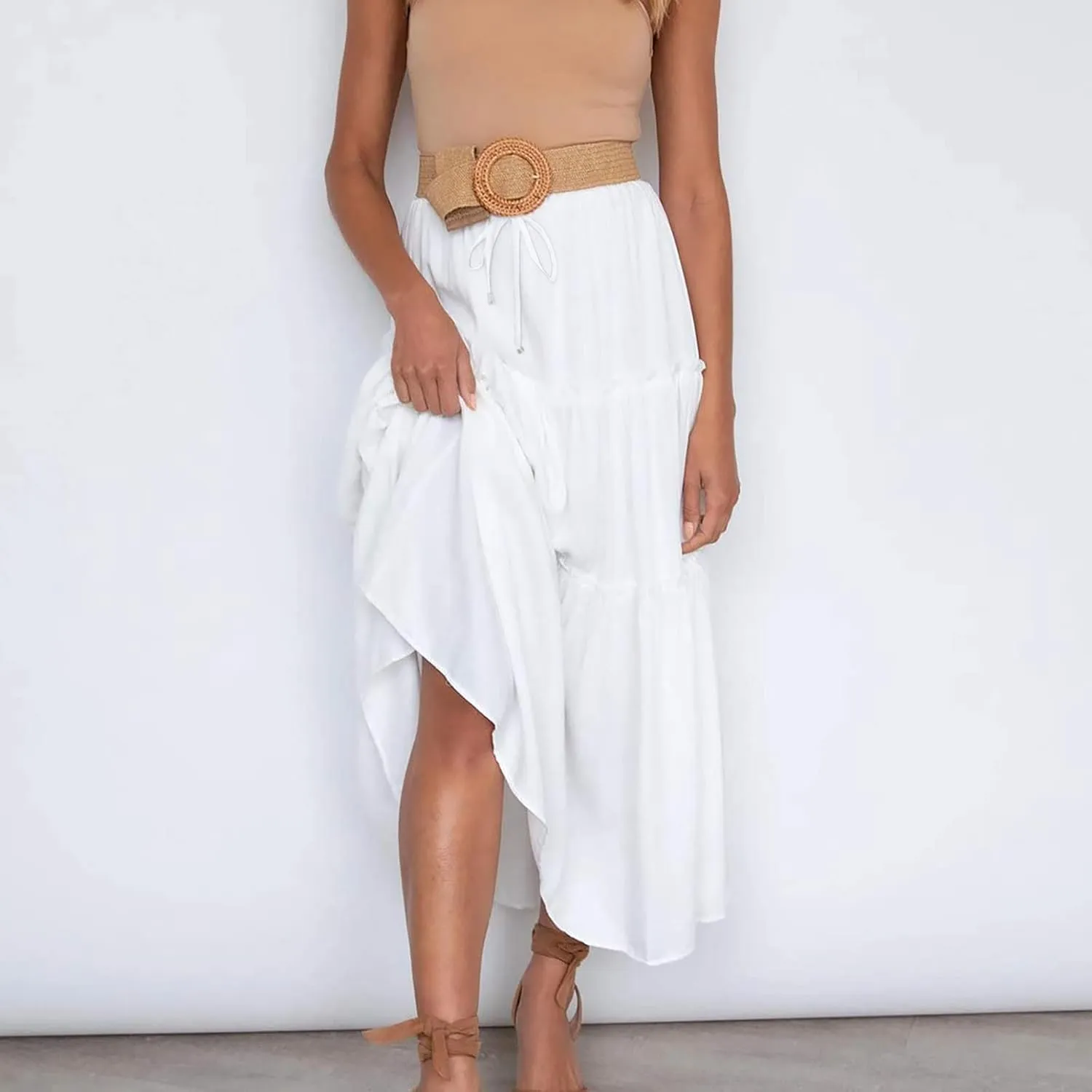 Women High Waist Midi Length Skirts A-Line Pleated Dressy Flowy Long Skirts Casual Ladies Business Skirts with Pockets