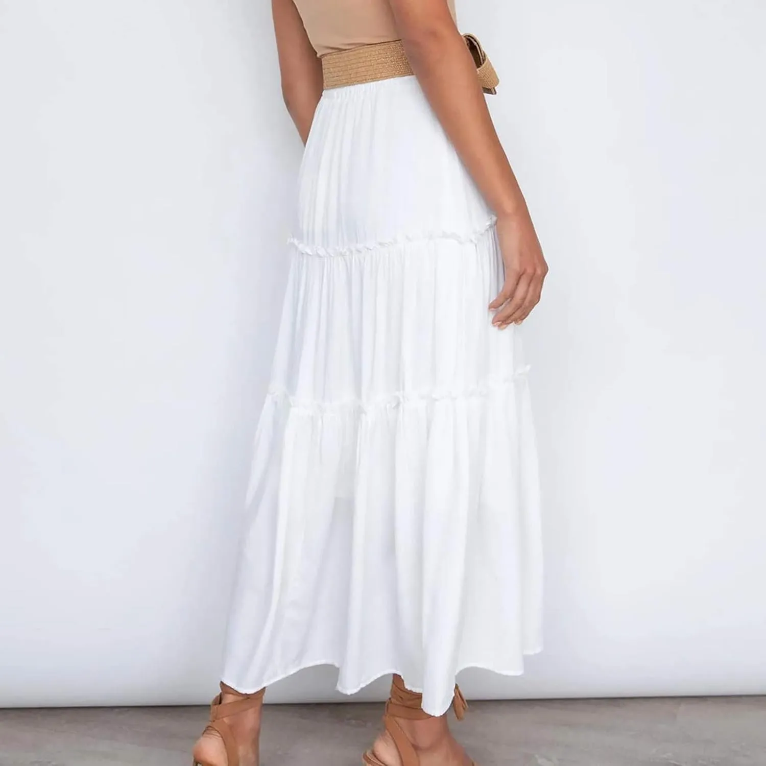 Women High Waist Midi Length Skirts A-Line Pleated Dressy Flowy Long Skirts Casual Ladies Business Skirts with Pockets