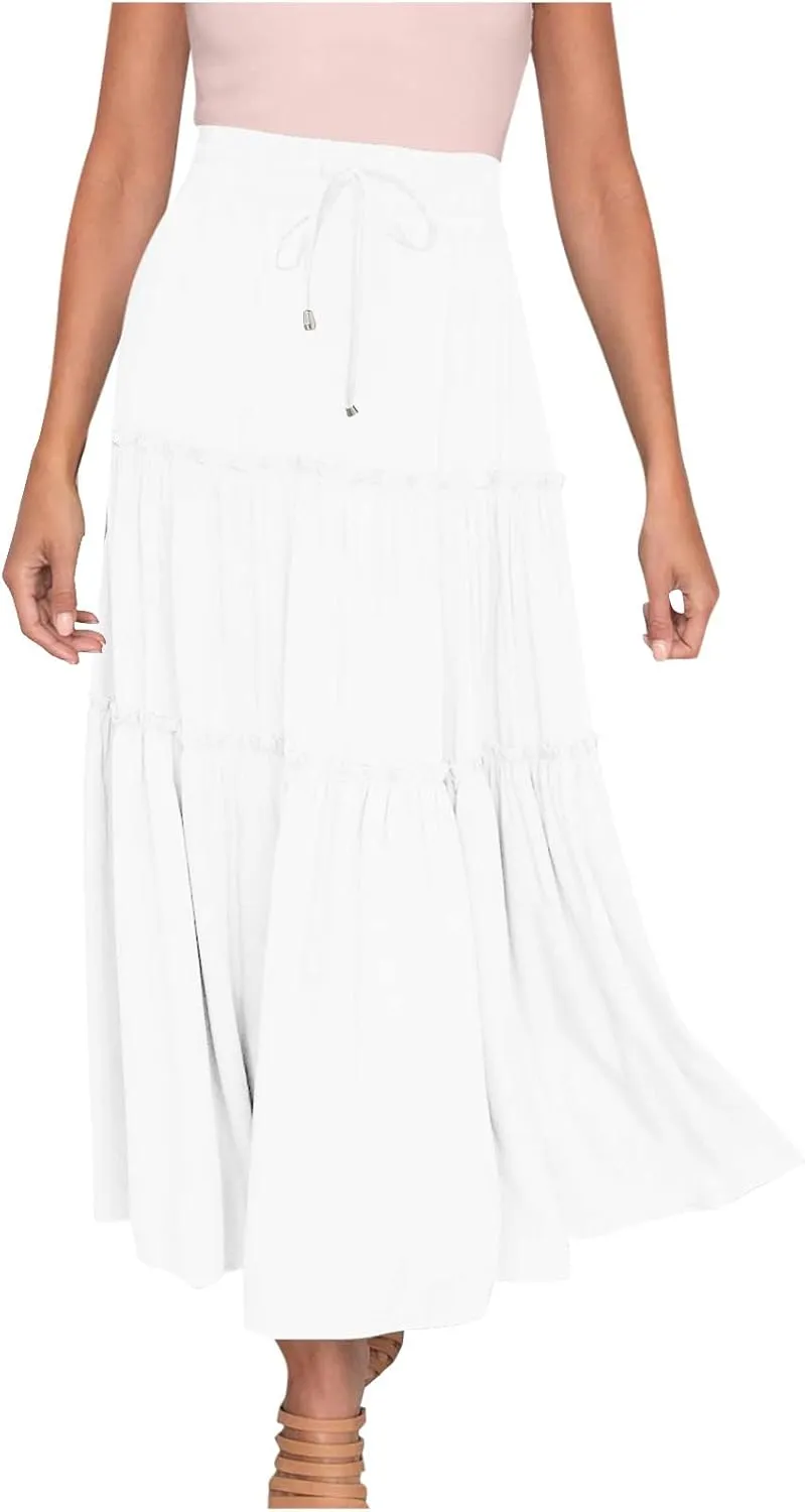 Women High Waist Midi Length Skirts A-Line Pleated Dressy Flowy Long Skirts Casual Ladies Business Skirts with Pockets