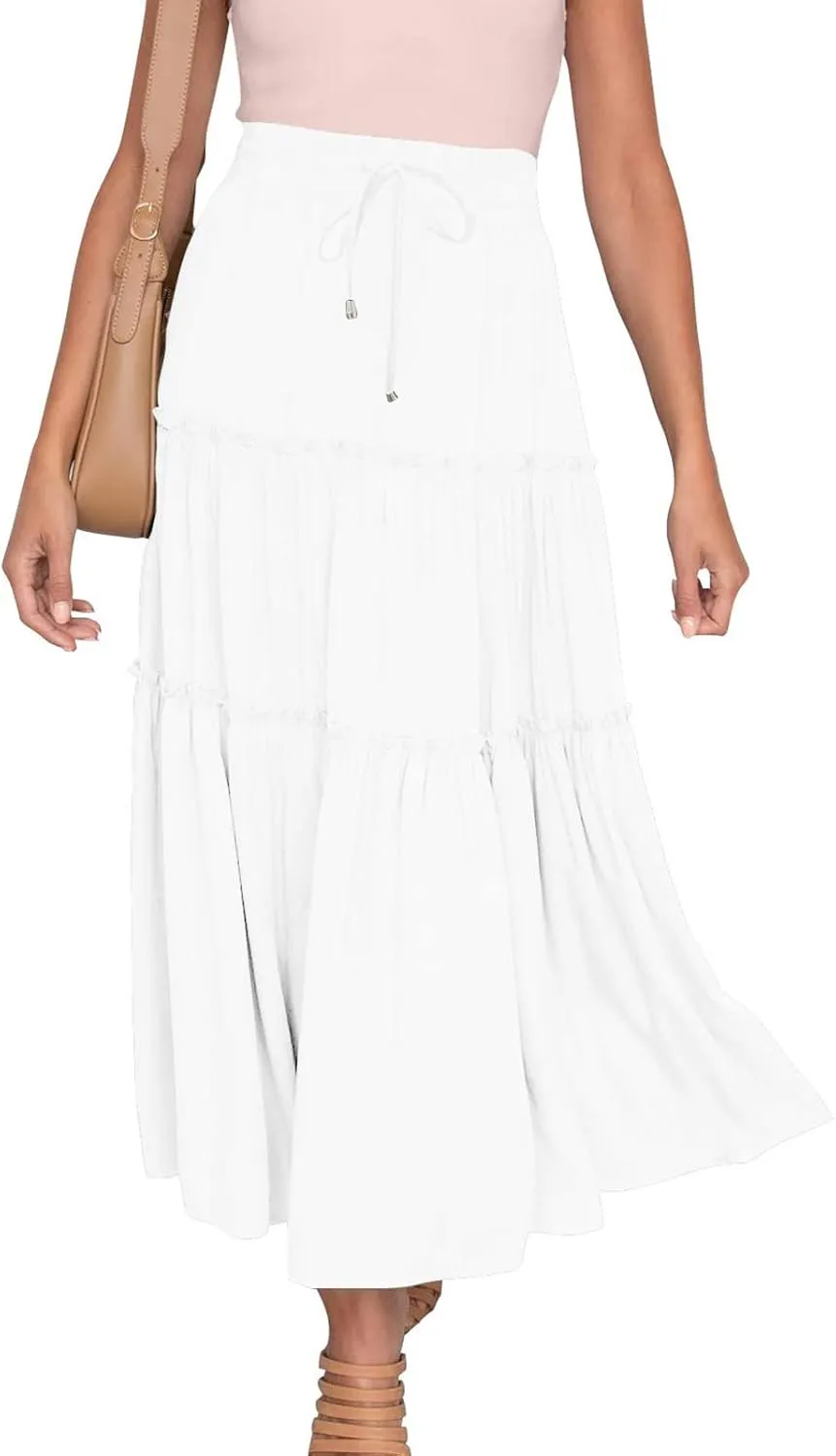 Women High Waist Midi Length Skirts A-Line Pleated Dressy Flowy Long Skirts Casual Ladies Business Skirts with Pockets