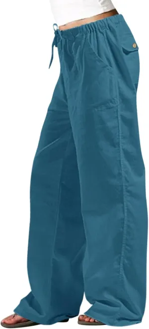 Women Linen Blend Summer Striped Pants Elastic Waisted Long Lounge Loose Fit Pants Business Work