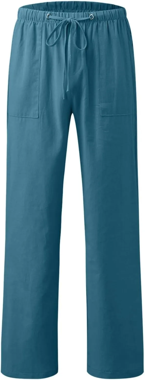 Women Linen Blend Summer Striped Pants Elastic Waisted Long Lounge Loose Fit Pants Business Work