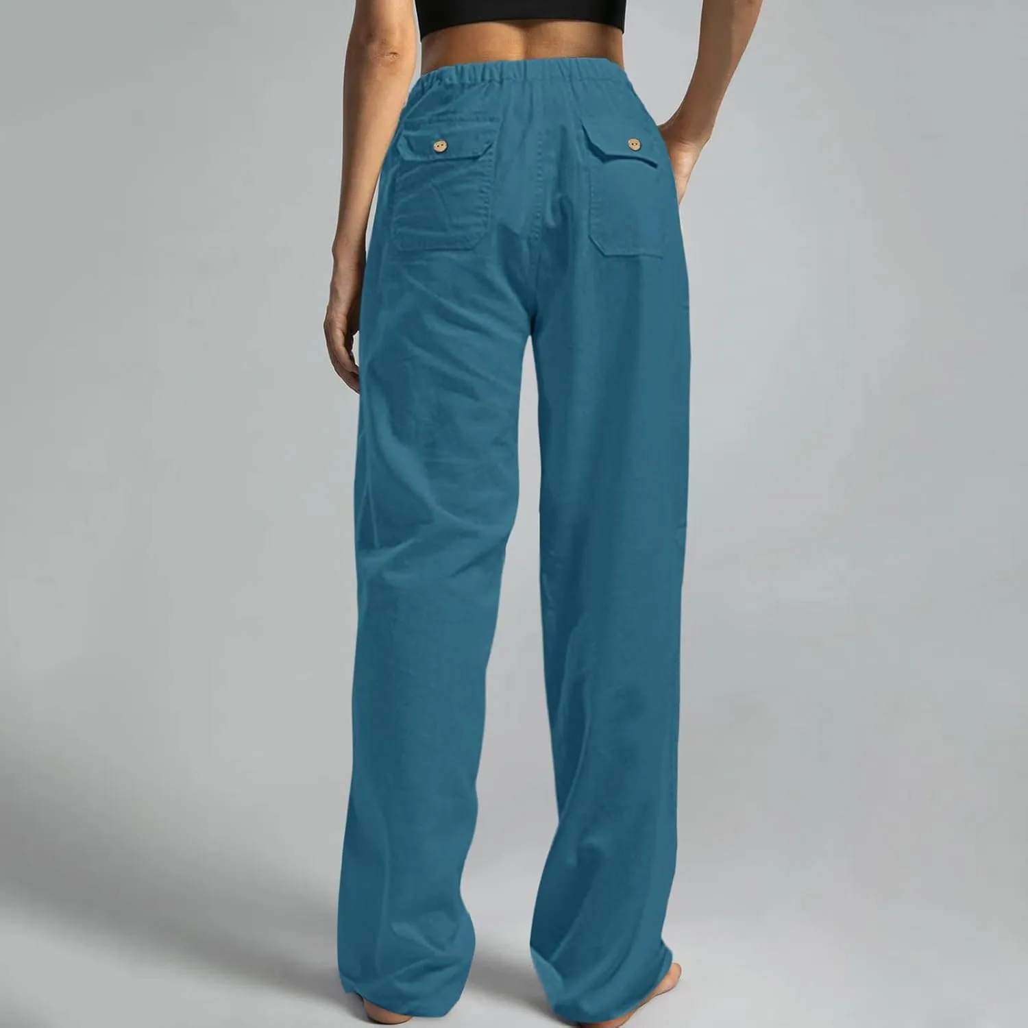Women Linen Blend Summer Striped Pants Elastic Waisted Long Lounge Loose Fit Pants Business Work