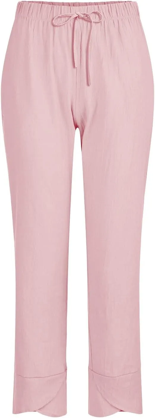 Women Linen Pants 2025 Summer Casual Capri Pants Plus Size Lightweight High Waist Baggy Palazzo Trousers with Pockets