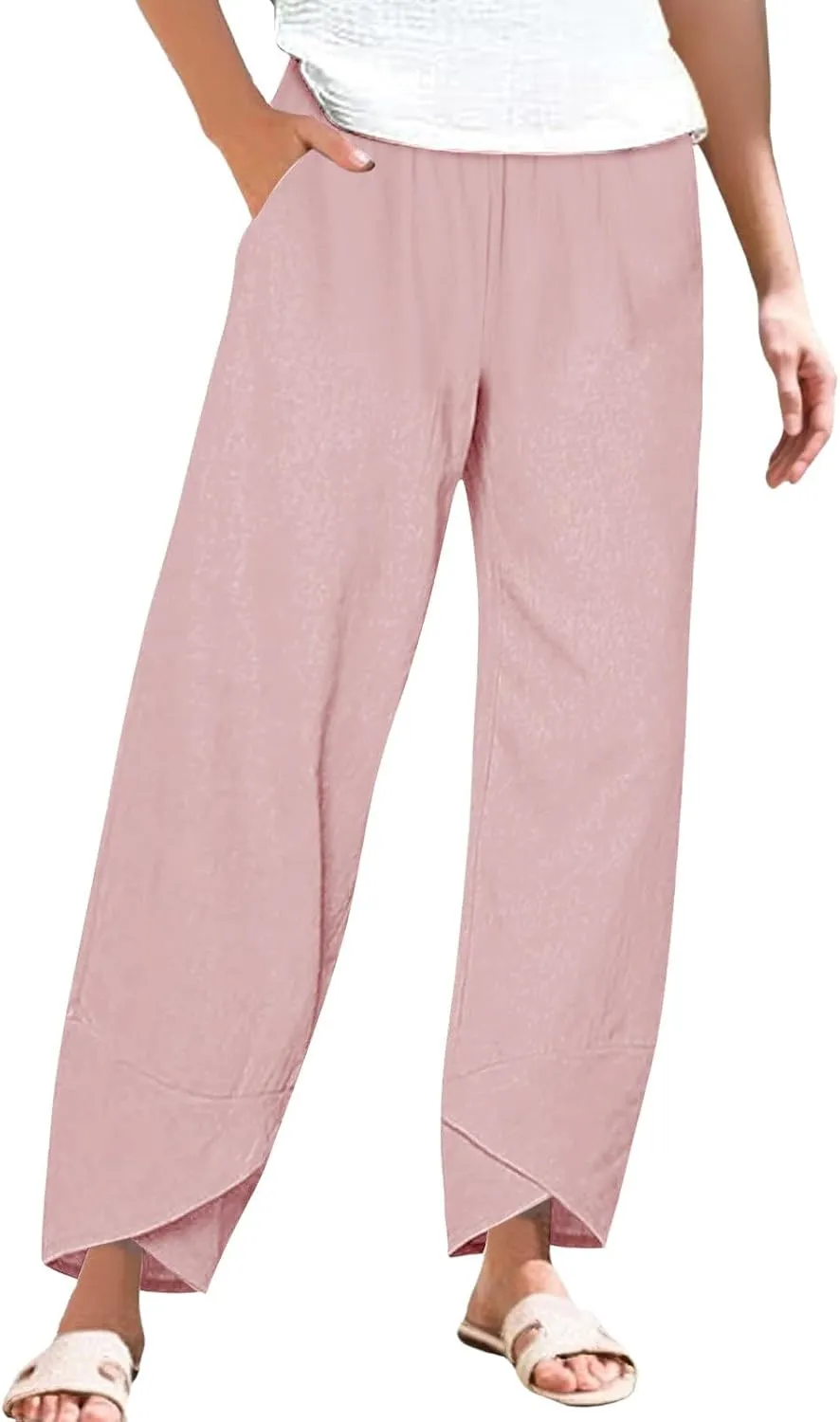 Women Linen Pants 2025 Summer Casual Capri Pants Plus Size Lightweight High Waist Baggy Palazzo Trousers with Pockets