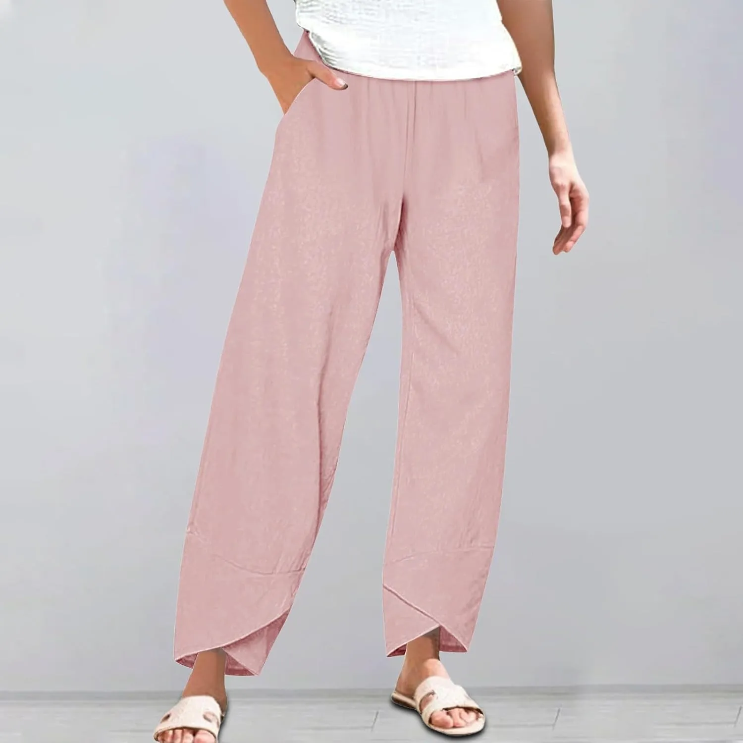 Women Linen Pants 2025 Summer Casual Capri Pants Plus Size Lightweight High Waist Baggy Palazzo Trousers with Pockets