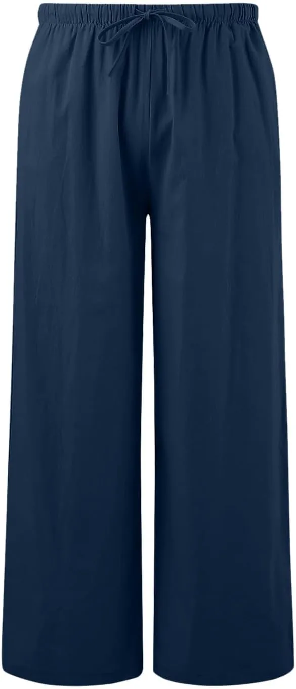 Women Linen Pants 2025 Summer Casual Loose Wide Leg Palazzo Pants Lightweight High Waist Beach Flowy Trousers