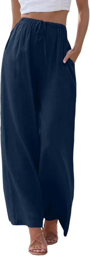 Women Linen Pants 2025 Summer Casual Loose Wide Leg Palazzo Pants Lightweight High Waist Beach Flowy Trousers