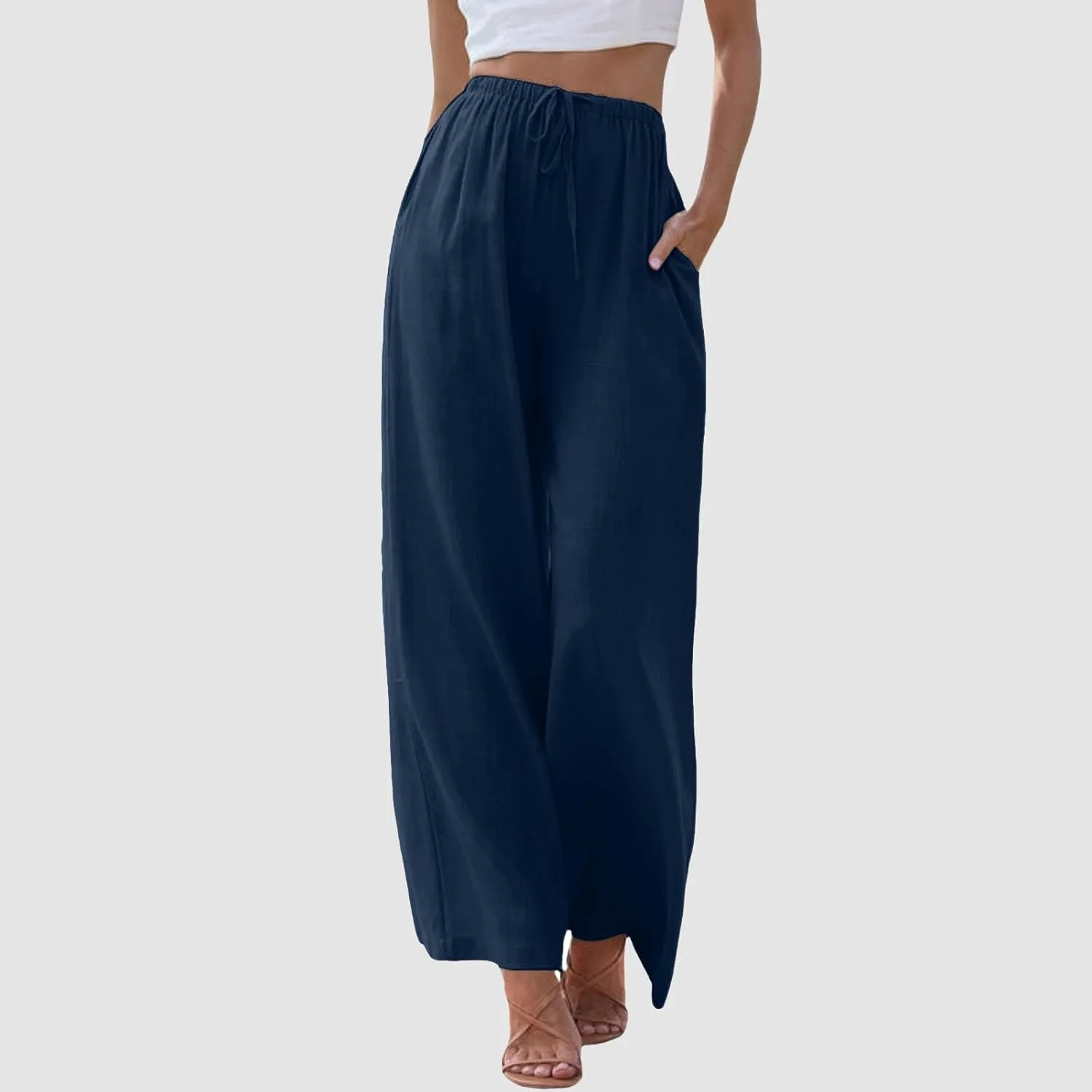Women Linen Pants 2025 Summer Casual Loose Wide Leg Palazzo Pants Lightweight High Waist Beach Flowy Trousers